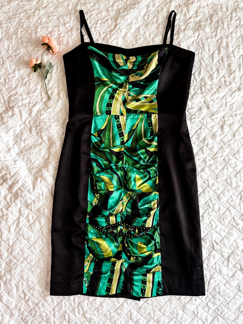 BeBe Black Green Silk Trim Bodycon Dress Size M Y2K Satin Panel